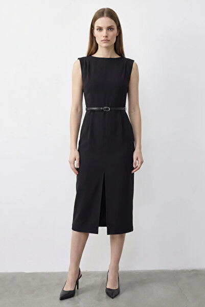 Efnaz style Women's Boat Neck Belted Front Slit Detailed Midi Pencil Black Dress