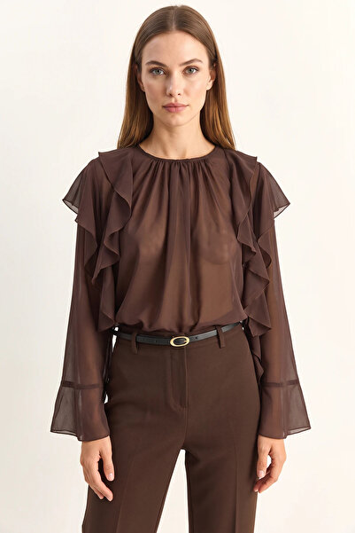 Generic Brand Women's Ruffle Detailed Transparent Chiffon Bitter Brown Blouse