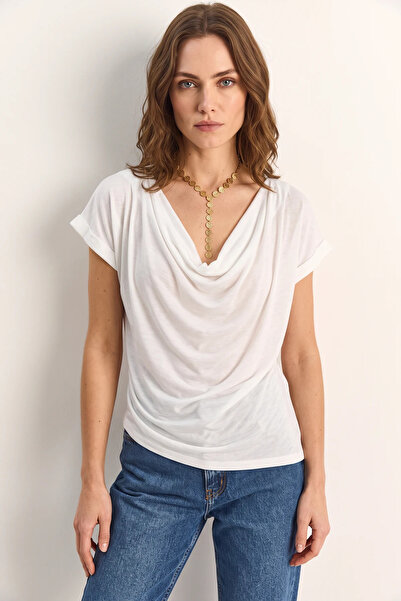 Generic Brand Women's Gathered Waist, Asymmetrical Cut, White Blouse with Dra...