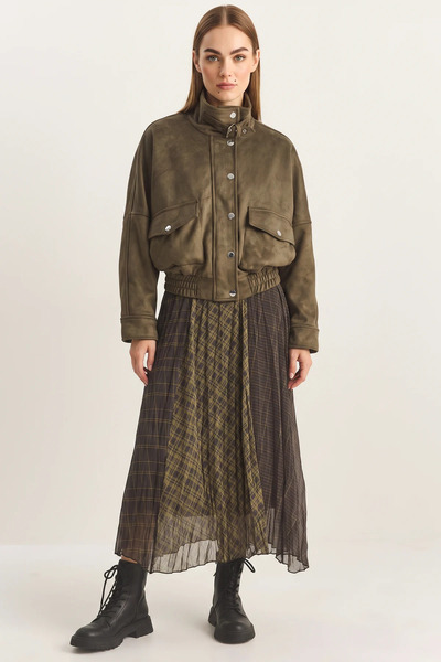 Generic Brand Women's Mix Plaid Patterned Wrinkle Effect Lined Midi Chiffon K...