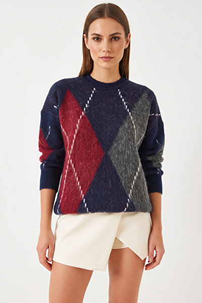 Generic Brand Women's Diamond Patterned Oversize Knitwear Navy Blue Red Sweater
