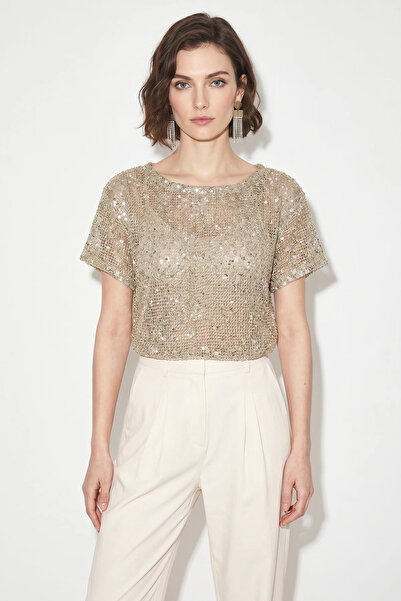 Efnaz style Women's Sequin Detailed Mesh Beige Blouse