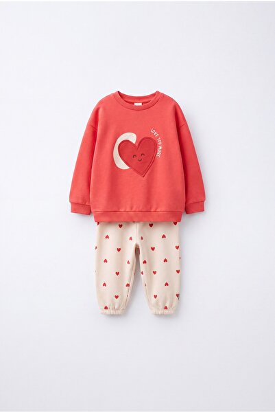 Magu Children's Cotton Heart Detailed Red Sweatshirt and Heart Patterned Swea...