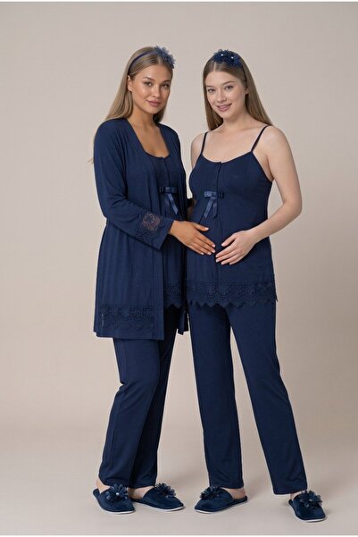 Pelin Women's Navy Blue Buttoned Lace Detailed Maternity Pajama Set with Nurs...