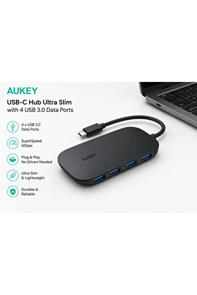 AUKEY USB-C Hub Ultra Slim with 4 USB 3.0 Data Ports – Black
