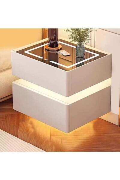 NKX Modern Bedside Nightstand Table with LED Mirror, Sensor Light, Wireless C...
