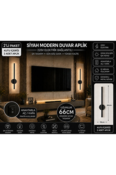 kialed Siyah Modern Duvar Aplik 2’li Set 66 cm 3200K Gün Işığı 220V Metal Gövde Dekoratif LED Aplik
