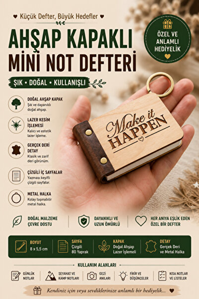 ROKH 🌿   Wooden Cover Mini Notepad Make It Happen Leather Detailed Laser Eng...