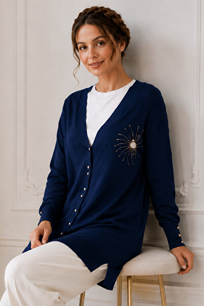 benguen Collar Detailed Mercerized Cardigan N3362 Navy Blue