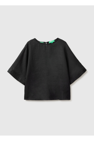 United Colors of Benetton Women's Black 100% Linen Kimono Sleeve Blouse