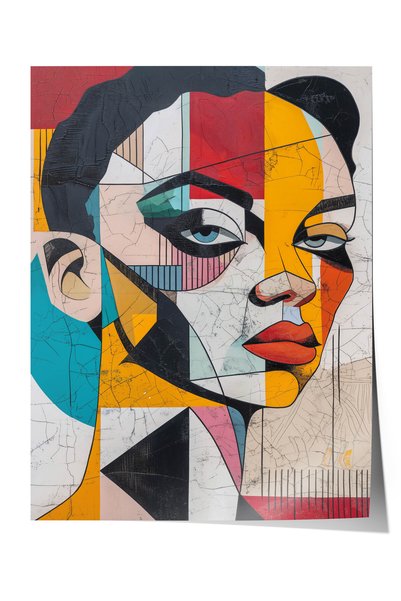 Zestia Modern Cubist Art Premium Poster, Cracked Textured Woman Portrait, No:...