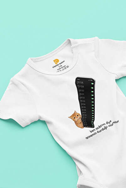Pamuk Saray Sweet Cat Print Short Sleeve Baby Bodysuit with Printed Text, 100...