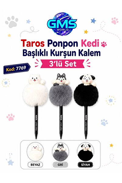 Taros PONPON KEDİ BALIKLI KURŞUN KALEM 3 LÜ SET GRİ/SİYAH/BEYAZ