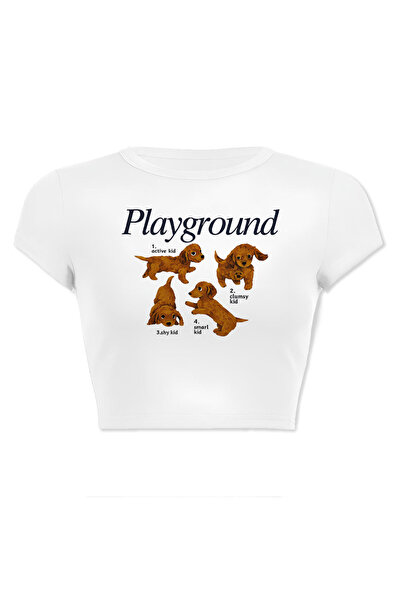 designedfy Kadın Playground Baskılı Pamuklu Likralı Crop Beyaz