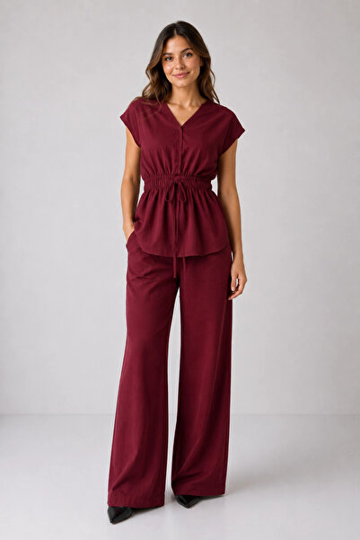 MetuCA Women's Burgundy 100% Cotton Linen Double Suit Trousers with Gipeli Wa...