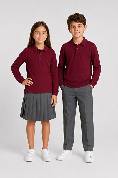 The Clover Girls & Boys Unisex Claret Red 100% Cotton Polo Collar Long Sleeve...