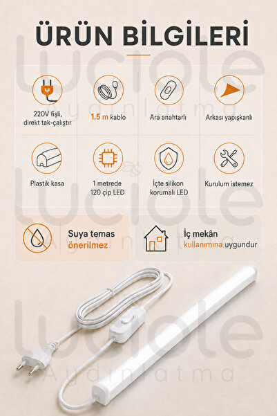 luciole 220V Beyaz LED Bar 100 cm Fişli Anahtarlı Yapışkanlı Tezgah Altı Dolap İçi Aydınlatma