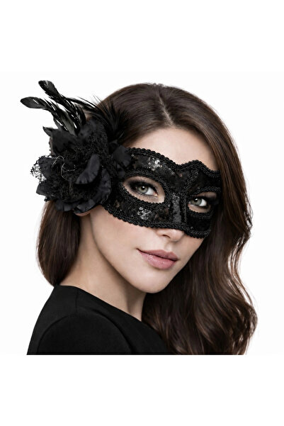 SORA GROUP Black Venetian Party Mask – Floral Feathered Sequined