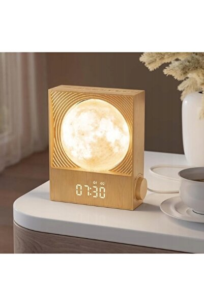 NO BRAND Lampă de veghe LED RGB rotativă cu lună, cu ceas deșteptător și sune...