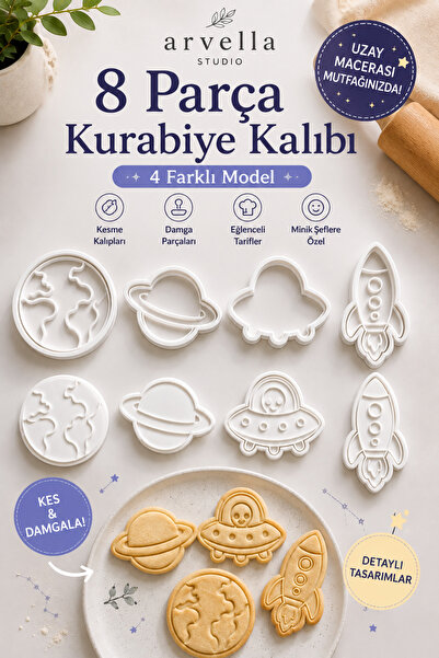 Arvella Studio Uzay Temalı 8 Parça Kurabiye Kalıbı Seti | 4 Farklı Model Kesm...