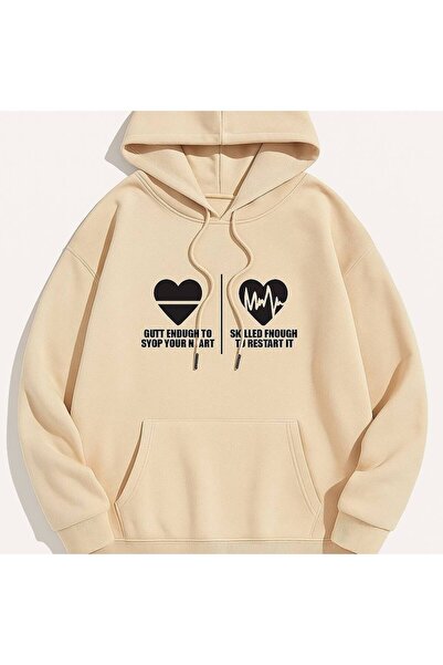 JANTIL MODA Unisex Oversize 3 Thread Yarn Kangaroo Pocket "Heart and Pulse" P...