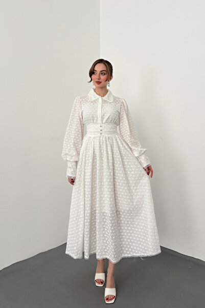 SEREMONİ BUTİK Ecru Brode Belted Scallop Dress