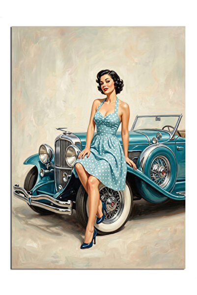 Artmeg Fata Pinup cu rochie albastră și mașină decorativă - tablou din lemn MDF