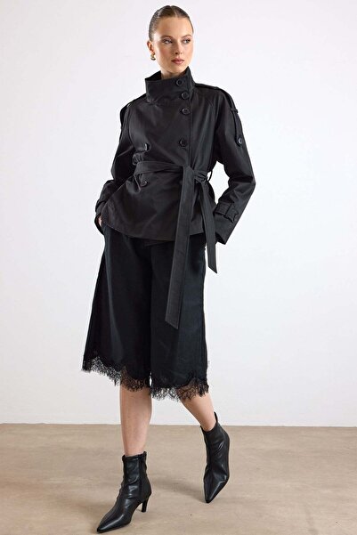 Olcay High Collar Epaulet Detailed Water Repellent Short Trench Coat Black 6883