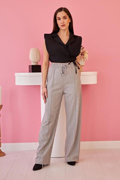 Elbee Fashion Woman Gray Waist Drawstring Trousers
