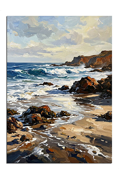 Artmeg Wavy Ocean Landscape on the Rocky Beach Decorative Canvas - Mdf Wood T...