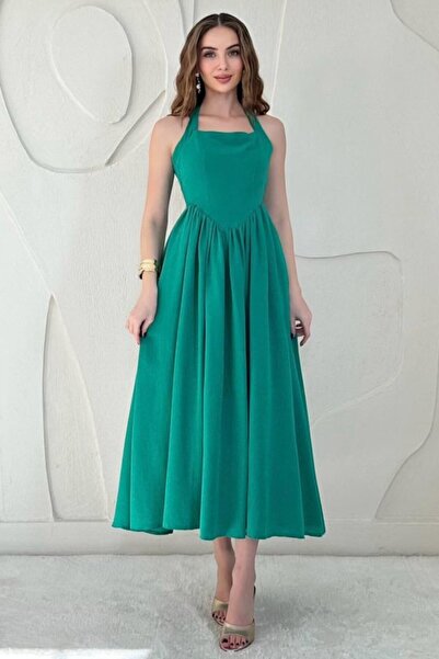 ELBEE Green Halter Linen Dress