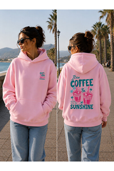 Harmandar Icea Coffee White Kangaroo Pocket Hooded Sweatshirt Hoodie