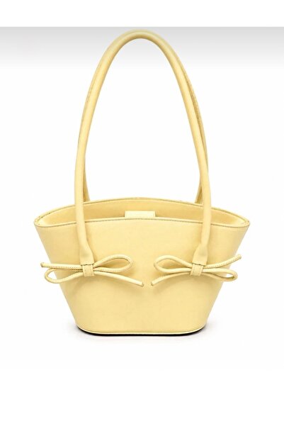Melos Butik Women's Butter Yellow Leather Hand and Shoulder Bag with Bow Detail