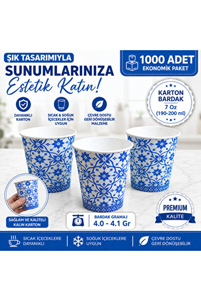 maycup 7 Oz Karton Bardak 1000 Adet Mavi Çini Desen
