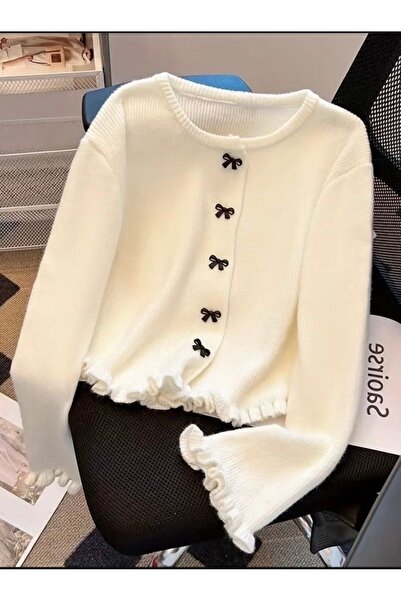 Elysira Women's Stylish Basic Cardigan with Bow Buttons and Ruffle Detail