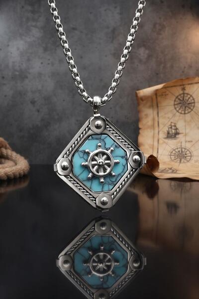 Prestige Rudder Figured Turquoise Stone Necklace Stainless Steel Chain 902907