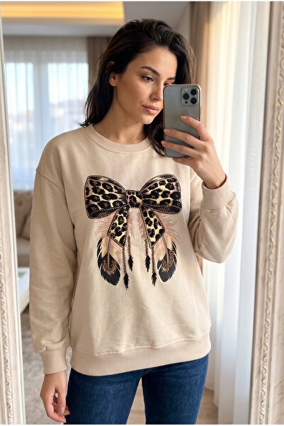 FEMELLE Beige 100% Cotton Bead Embroidered Bow Patterned Sweatshirt