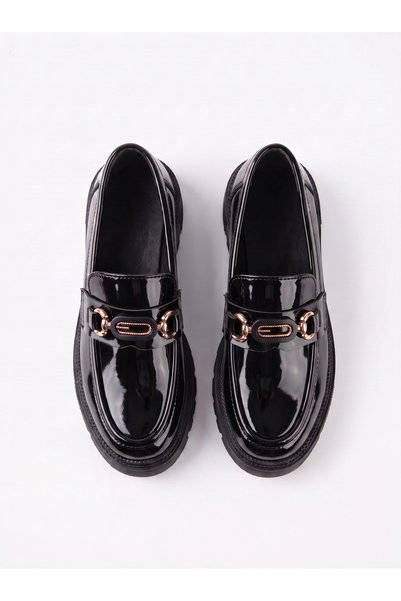 Adım Dünyası Girls' Patent Leather Loafer Shoes with Gold Buckle, Stylish, Classic, for Daily and Special Occasions