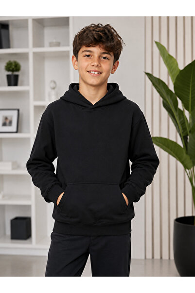 Yalçınoğlu Kids Boy's Black 2-Strap Hooded Sweatshirt 10-14 Years Old |   Chi...