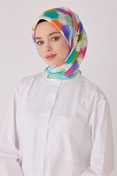 Belli Beyaz Çok Renkli Çiçek Desen %100 Twill İpek Eşarp 4038 - 31