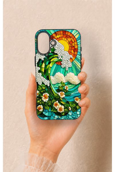Vip Case حافظة سيليكون متوافقة مع هاتف iPhone 16 Plus بنمط موزاييك موجات المحيط