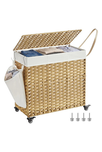 Songmics Home Coș de rufe mobil, Songmics, 3 compartimente, 140 litri, crem