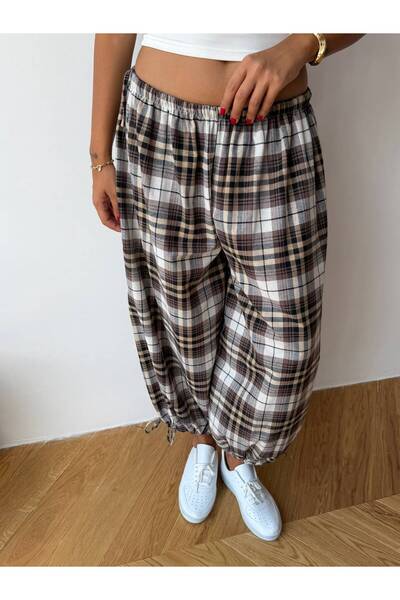 NEW JOURNAL Women's Bitter Brown Lace-Up Plaid Patterned Premium Shalwar Trou...