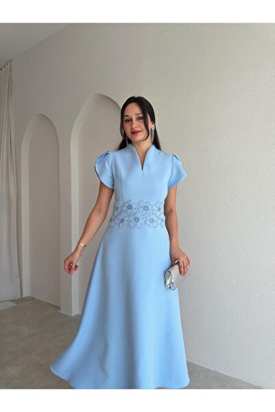 Mooi Butik EPHES Bel İşlemeli Midi Elbise 4032 - Bebe Mavisi