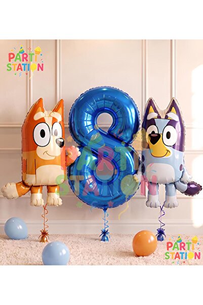 Parti Station Bluey and Chilli Themed 8-Year-Old Foil Balloon Set – 3 Bluey B...