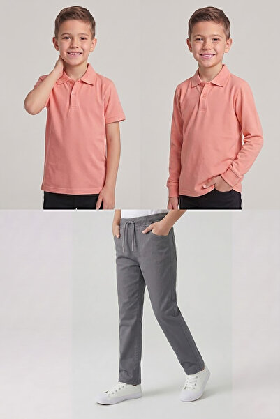 nacar çarşı Boys' School Salmon Long and Short Sleeve Polo Collar T-Shirt Gra...