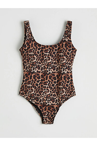 LC Waikiki Brown U-Neck Leopard Patterned Women's Swimsuit