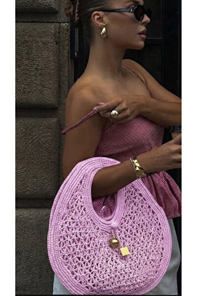 WOMANBAG Handmade Brand Model Design Straw Shoulder Bag Pink Color (37X42Cm)