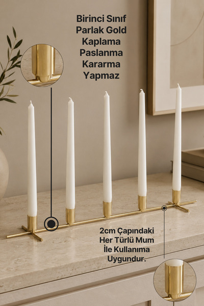 mba decor metal bending art Penta 5'li Şamdan Mumluk Masaüstü Gold Renk 50 cm, 2 cm Mum Uyumlu Yemek Masası