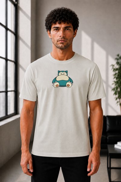 FAUNION Unisex Oversize Embroidered Snorlax Design 100% Cotton T-Shirt